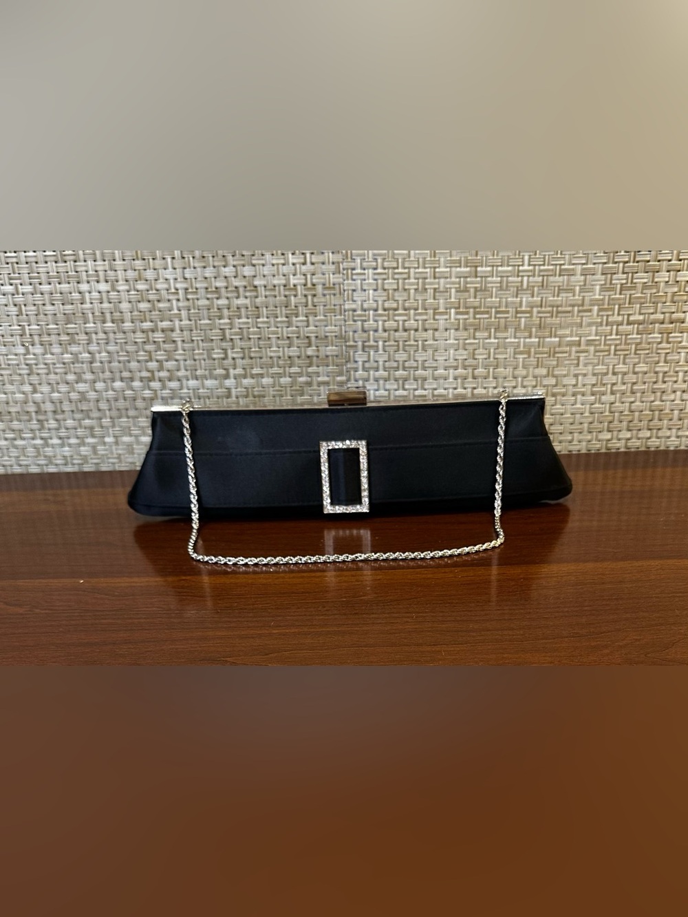 VTG 1990s La Regale East/West Black Satin Evening Clutch with Rhinestone Buckle